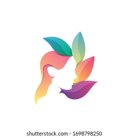 woman colorful + leaf logo concept with gradient color