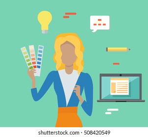 Woman with colorful panel and editable elements for design. SEO concept in flat style. People with computers and mobile devices working for content search engine optimization and creating sites