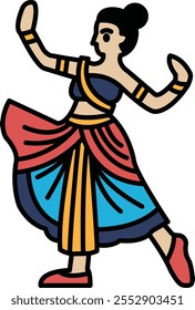 A woman in a colorful skirt is dancing. The drawing is in black and white. Scene is lively and energetic