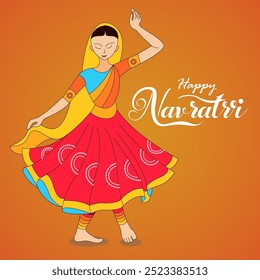 woman in colorful traditional attire dancing  the background colour is orange  The text Happy Navratri is prominently displayed