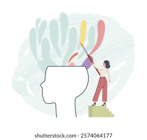 Woman coloring negative and neutral thoughts in bright colors. Mental calm, creative thinking and positive life sight. Psychotherapy results in progress, vector scene