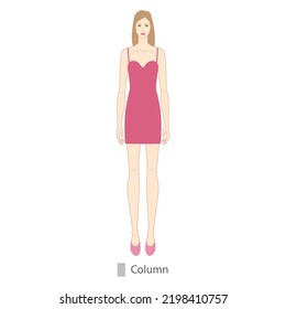 Woman Column Body Shape Character In Dress. Female Vector Illustration Silhouette 9 Nine Head Size Lady Figure Front View. Vector Isolated Outline Sketch Girl For Fashion Sketching And Illustration.