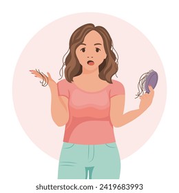 Woman with a comb in her hand. Hair loss, alopecia, hair problems, baldness. Illustration, vector