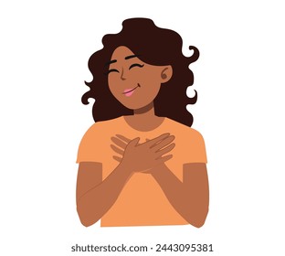 Woman with combed curly hair holding hands on heart and looking grateful, thanking, being touched or flattered, vector illustration