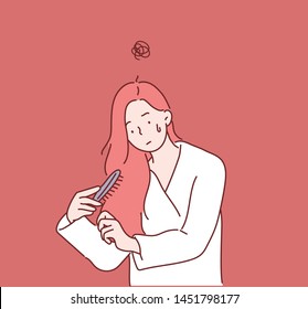 Woman combing with brush pulls long hair. Daily preparation for looking nice, Long Disheveled Hair, Holding Messy Unbrushed Dry Hair In Hands. Hair Damage. Hand drawn style vector design illustrations.