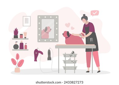 Woman combing dog. Dog grooming. Pet hair salon interior. Styling and grooming shop, pet store for dogs. Female character care of cute puppy at groomer salon, cut wool, brushing comb, drying. vector