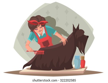 Woman combing dog. Dog Grooming.Vector illustration 