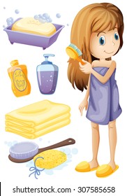 Woman combing hair and bathroom set illustration