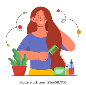 Woman combing hair concept. Yougng girl with comb near bottles of cosmetics. Beauty and elegance, aesthetics. Poster or banner. Cartoon flat vector illustration isolated on white background