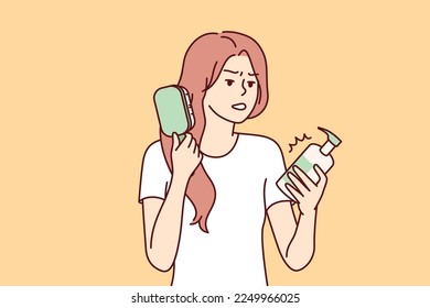 Woman combing hair out of frustration reads composition of cosmetic product containing dangerous chemicals. Shocked girl caring for hair looks disappointed at cream or hair gel. Flat vector design