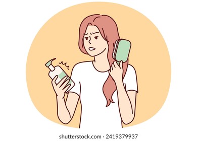 Woman combing hair out of frustration reads composition of cosmetic product containing dangerous chemicals. Shocked girl caring for hair looks disappointed at cream or hair gel. Flat vector design