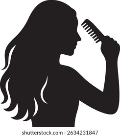 Mulher penteando cabelo silhueta vetor arte ilustração tipo isolado no fundo branco
