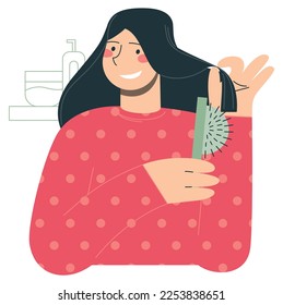 Woman combing her hair with a hair brush. Self hygiene and SPA, beauty service flat vector minimalist illustration

