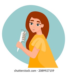 Woman combing her long hair. Concept of alopecia, hair problems, hair loss, baldness. Vector cartoon illustration.