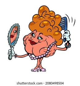 a woman combs her hair with a comb human brain character, smart wise