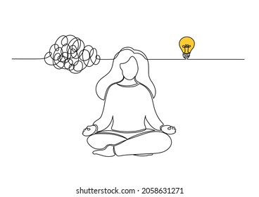 Woman come up with an idea after meditation. Girl meditates in lotus pose. Clearing away the mind's chatter concept. Developing of creativity.