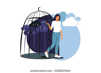 Woman come out of cage recover from depression. Happy girl becoming free, getting ready for new life without mental problems. Freedom and rehabilitation. Vector illustration. - Shutterstock ID 2268525661