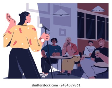 Woman comedian at open mic, humor comedy show. Stand up monologue at standup club concert. Comic speaker at microphone on stage, telling jokes in front of public, audience. Flat vector illustration