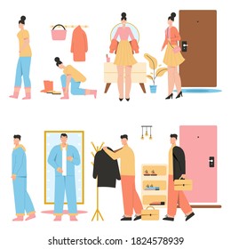 Woman comes home, changes into comfortable outfit. Man returns from work, dressing clothes in hall. Vector character illustration of everyday routine, indoor clothing, cozy house hallway interior