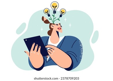 Woman comes up with new ideas for developing own business, standing with light bulbs growing on tree from head. Girl holds tablet computer looking for ideas for acquiring business skills.