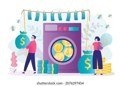 Woman comes up with plans for money laundering. Сriminal takes profits after leaving shadow economy. Business people hide true source of income. Financial crime concept. Flat vector illustration