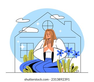 Woman in comfort zone concept. Young girl in harmony and balance meditates. Mindfulness, psychology and mental health. Happiness and tranquility, calmness. Cartoon flat vector illustration