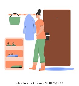 Woman in comfortable home outfit standing in cozy hallway scene. Stylish entrance hall interior, hanger for outerwear, shelves for shoes. Vector character illustration of everyday routine, indoor