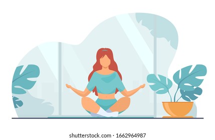 Woman in comfortable posture for meditation flat vector illustration. Female character doing morning yoga at home. Girl sitting in calm lotus pose. Wellness, healthcare and lifestyle concept