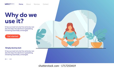 Woman in comfortable posture for meditation flat vector illustration. Female character doing morning yoga at home. Girl sitting in calm lotus pose. Wellness, healthcare and lifestyle concept