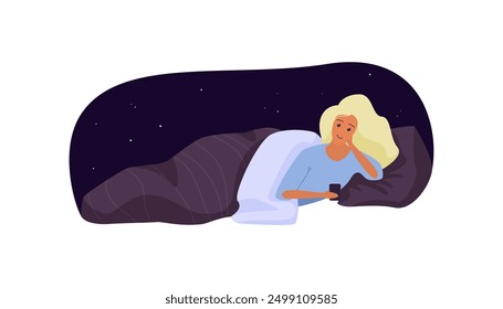 A woman comfortably lying in bed at night using a smartphone, surrounded by a starry sky background, depicting relaxation and nighttime routine vector illustration.