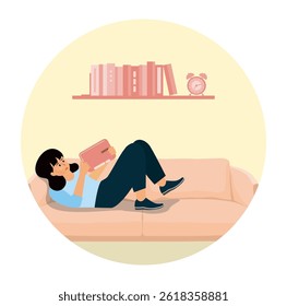 Woman comfortably lying on a couch and using a tablet in a well lit living room with books and a clock on a wall shelf, emphasizing relaxation and leisure. Flat vector modern illustration 