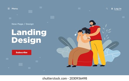 Woman comforting crying friend and touching her shoulders. Girl suffering from anxiety, loneliness, trying to cope with depression or loss. For support, empathy, compassion, stress concept