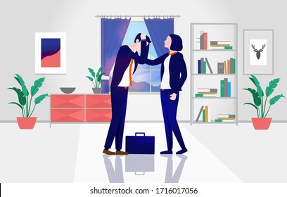 Woman comforting depressed man - Businessman at home with wife, feeling frustrated, over worked and hating his job. Depression, problems and sadness concept, vector illustration.