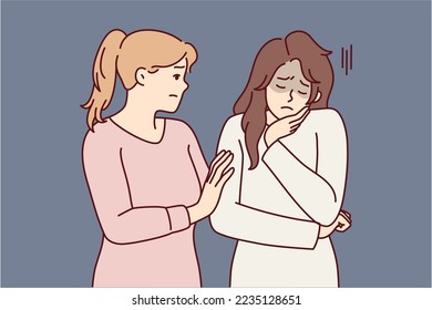 Woman comforting girl friend who is sad and stressed after bullying or toxic relationship. Lady suffers from depression and needs help of psychologist due to problems at work. Flat vector image