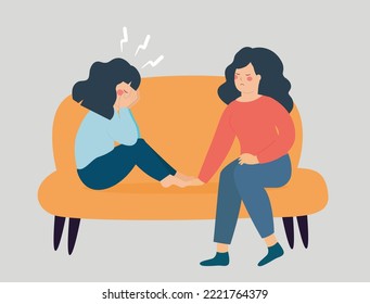 Woman comforting her best friend. Mother consoles her depressed daughter. Women sitting on couch support each other. Mental health help for depression or stress. Concept of empathy and friendship.