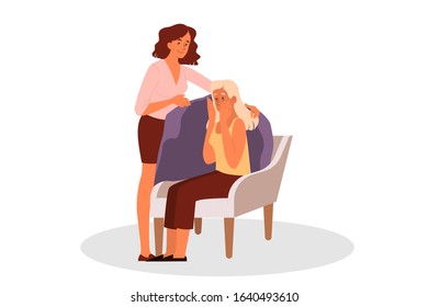 Woman comforting her crying friend. Psychologist support crying woman. Idea of care and humanity. Vector illustration in cartoon style