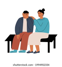 Una mujer consolando a un hombre triste que llora. Llorar a la gente sentada en un banco. Ilustración plana del vector