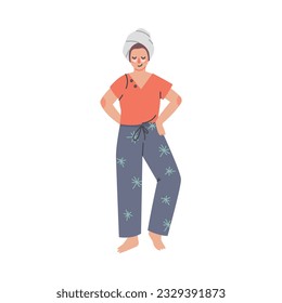 Woman in comfy home clothes with eye patches. Girl in cozy nightwear and towel on her head cartoon vector illustration