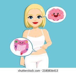 Woman with comic balloon showing central nervous system in human body and large intestine. Signals from brain to digestive tract. Colon, bowel and cerebrum flat vector illustration