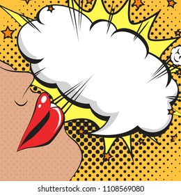 Woman with comic speech bubble. Pop art style