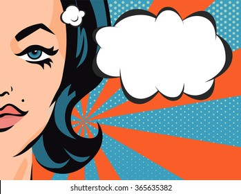 Woman with comic speech bubble. Vector banner in pop art style.