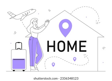 Woman coming back home line concept. Young girl with suitcase stands in front of airplane. Tourist finished adventure and journey. Young girl near building. Linear flat vector illustration