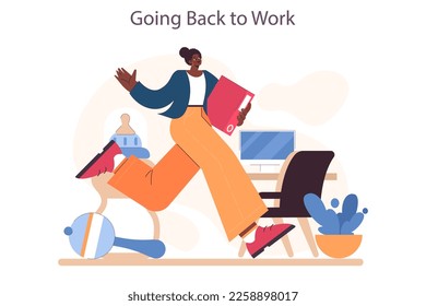 Woman coming back from maternity leave. Mother coming back to work at office. Modern parenthood concept. Flat vector illustration