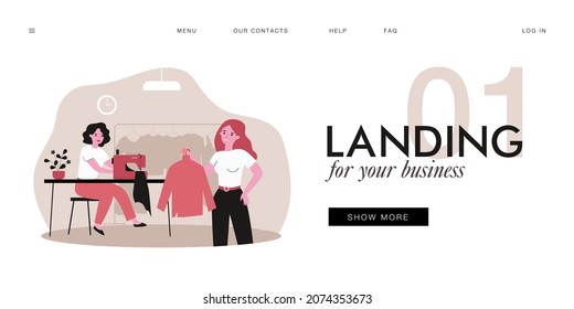 Woman coming to clothing repair shop. Flat vector illustration. Girl buying clothes made to her measurements, using services of designer, seamstress. Sewing, tailor shop, fashion, clothing concept