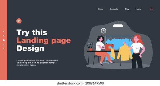 Woman coming to clothing repair shop. Flat vector illustration. Girl buying clothes made to her measurements, using services of designer, seamstress. Sewing, tailor shop, fashion, clothing concept