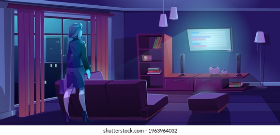 Woman Coming Home From Work And Watch Tv At Night. Vector Cartoon Illustration Of Dark Living Room Interior With Glowing Television Screen, Sofa And Businesswoman With Bag