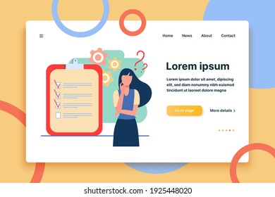 Woman coming up with ideas for new project. Check list, plan. Flat vector illustration. Project concept can be used for presentations, banner, website design, landing web page