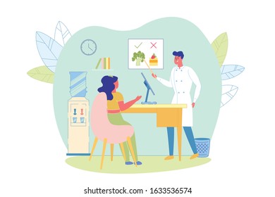 Woman Coming to Nutritionist Doctor Flat Cartoon Vector Illustration. Healthy Vegetables vs Junk Food. Dietician in Uniform Teaching how to Lose Weight, Creating Program. Health Eating