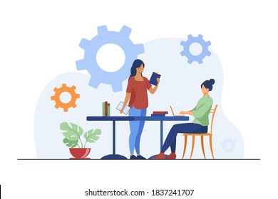 Woman coming to other woman with ideas for project. Work, office. Flat vector illustration. Business and project concept can be used for presentations, banner, website design, landing web page