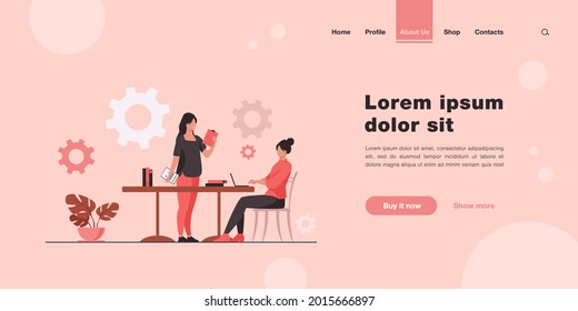 Woman coming to other woman with ideas for project. Work, office. Flat vector illustration. Business and project concept can be used for presentations, banner, website design, landing web page